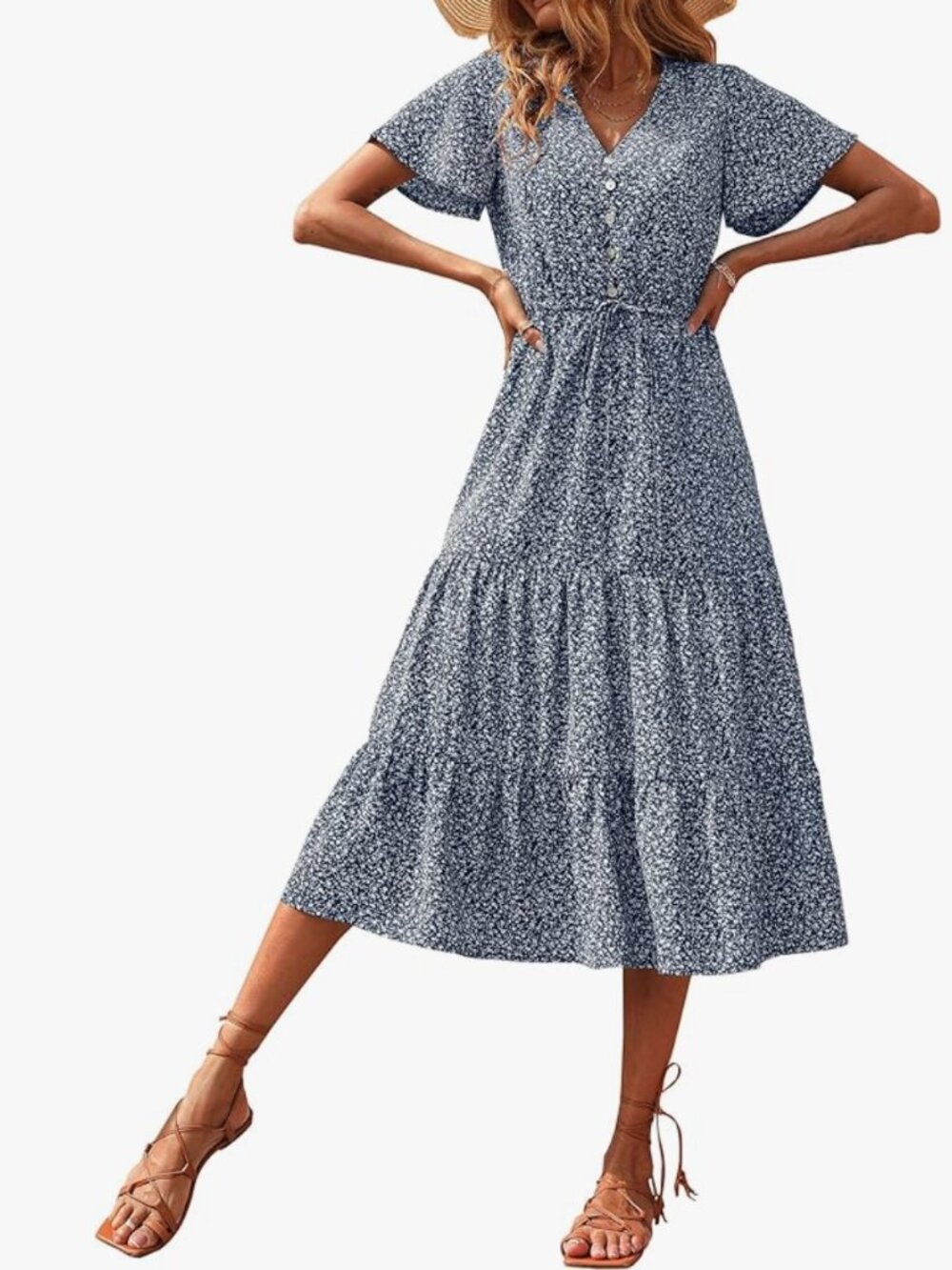 Prettygarden Blue Floral Button-Front Midi Dress with Drawstring Waist - Size L